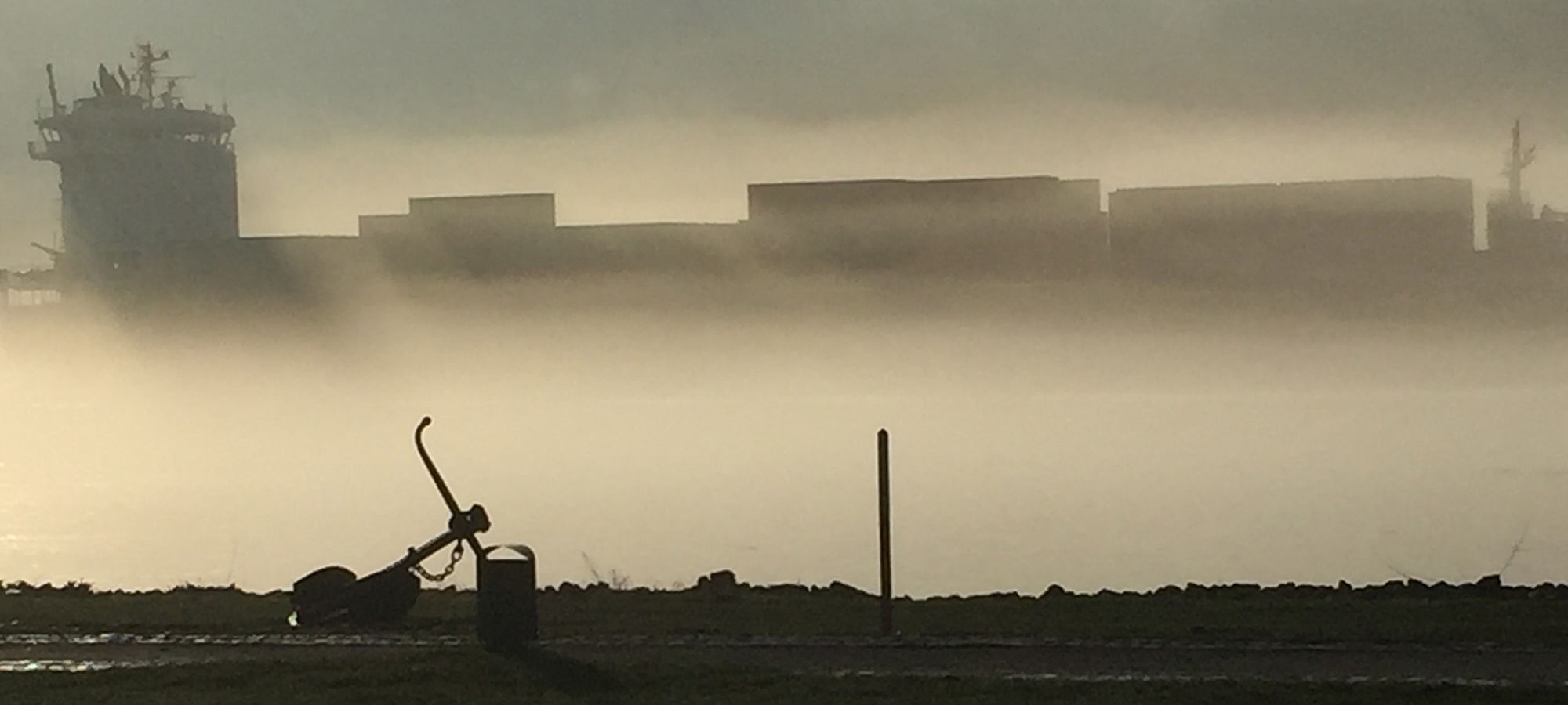 Ein kleines Containerschiff schiebt sich vor Schulau durch den Nebel. Zu sehen ist auch der Anker am Ufer.