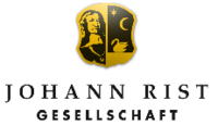 Das Logo der Gesellschaft mit dem Wappen der Johann Rist Gesellschaft, Johann Rist auf der linken Seite, rechts ein Schwan auf dem See und über ihm ein der Nachthimmel mit Mond und Stern, darunter der Schriftzug Johann Rist Gesellschaft