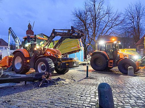 Eine Linde am Roland hat am frühen Mittwochmorgen den starken Sturmböen nicht standgehalten. Mitarbeiter des städtischen Bauhofs hatten den Baum daraufhin gesichert, zerteilt und abtransportiert. Foto: Stadt Wedel