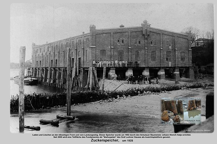 Das Fundament des Zuckerspeichers von 1925 existiert heute zum Teil noch als Aussichtsplattform des Graf-Luckner-Heims an der Elbe. Sammlungsfoto: Stadt Wedel/Technicon