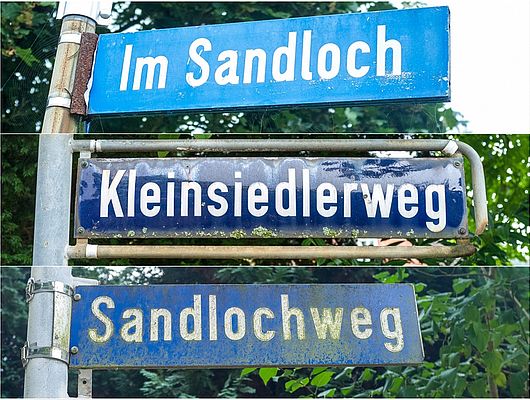 Straßenschilder Im Sandloch, Kleinsiedlerweg, Sandlochweg