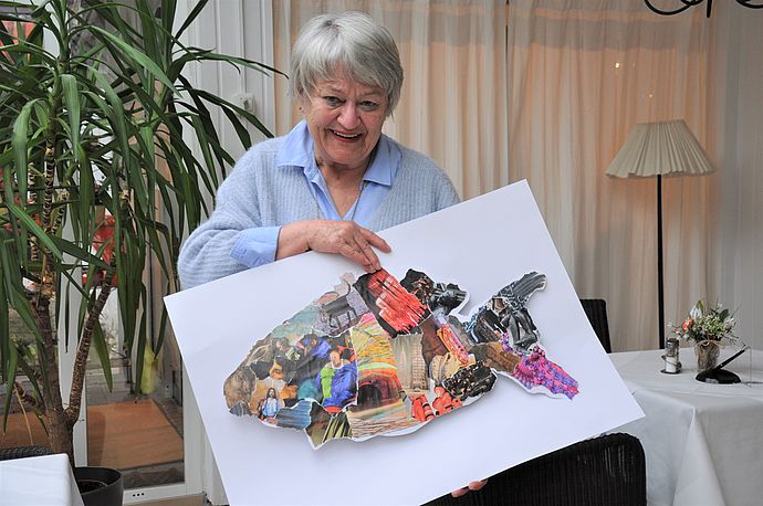 Margret Grimm (79) hat über die kreative Arbeit an ihrer Fisch-Collage ihre Mitbewohner in der Kursana Residenz Wedel besser kennengelernt.