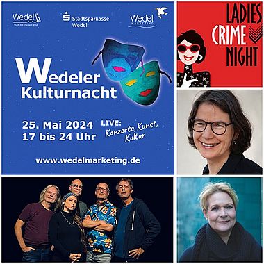 Die Programm-Highlights zur Kulturnacht in der Stadtbücherei: "Ladies Crime Nights" mit Kathrin Hanke und Anke Küpper sowie deutscher Indie-Pop mit der Hamburger Band "Blauwasser"  (Copyright Autorinnenfotos Kirsten Köhler und Evelyn Meiforth)