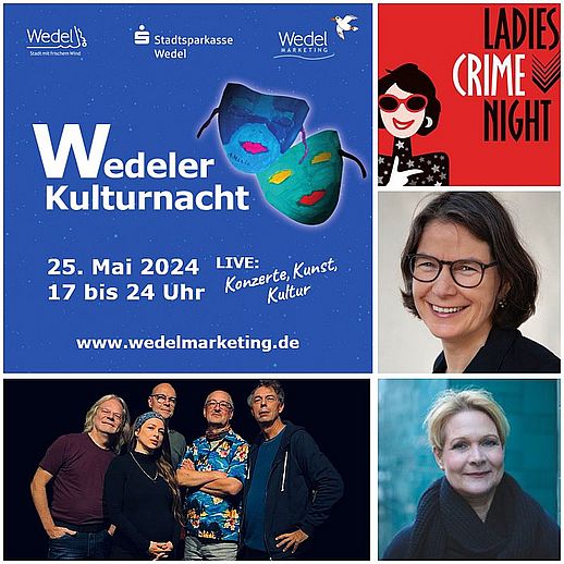 Die Programm-Highlights zur Kulturnacht in der Stadtbücherei: "Ladies Crime Nights" mit Kathrin Hanke und Anke Küpper sowie deutscher Indie-Pop mit der Hamburger Band "Blauwasser"  (Copyright Autorinnenfotos Kirsten Köhler und Evelyn Meiforth)