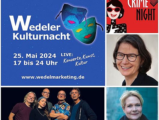Die Programm-Highlights zur Kulturnacht in der Stadtbücherei: "Ladies Crime Nights" mit Kathrin Hanke und Anke Küpper sowie deutscher Indie-Pop mit der Hamburger Band "Blauwasser"  (Copyright Autorinnenfotos Kirsten Köhler und Evelyn Meiforth)
