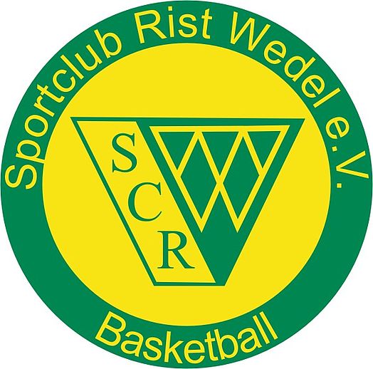 grün-gelbes Logo mit stilisiertem W aund der Aufschrift Sportclub Wedel e.V. SCR Basketball