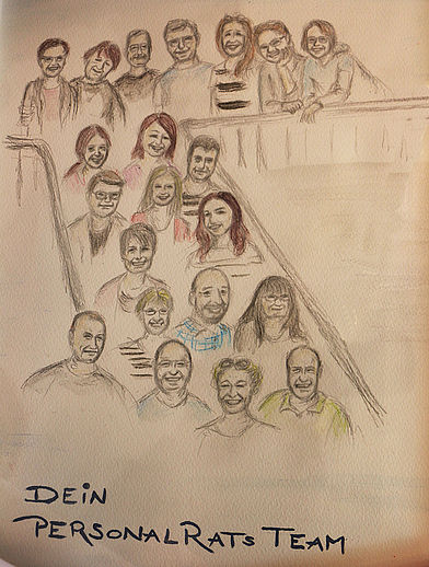 Eine Bleistiftzeichnung mit vielen Menschen auf einer Treppe und Empore