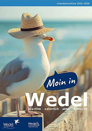 Urlaubsbroschuere Moin in Wedel 2024 bis 2026 Cover Möwe mit Sonnenhut an Promenade