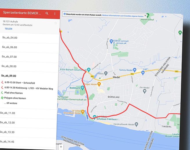 Die interaktive Sperrzeitenkarte zeigt, welcher Streckenabschnitt wann gesperrt ist. Grafik: Stadt Wedel/Kamin