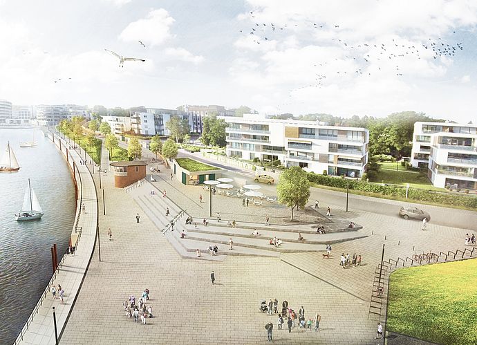 Neben der Freitreppe sollen in diesem Jahr auch der Rohbau für die Rekonstruktion des Hafenmeisterhauses und die Sohlplatte des Kiosks auf der oberen Ebene der Ostpromenade entstehen. Visualisierung: Stadt Wedel