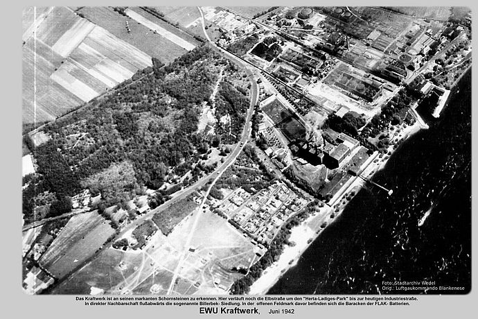Auch der Themenkomplex Kraftwerk kann, wie mit dieser Luftaufnahme von 1942, erkundet werden. Sammlungsfoto: Stadt Wedel/Technicon