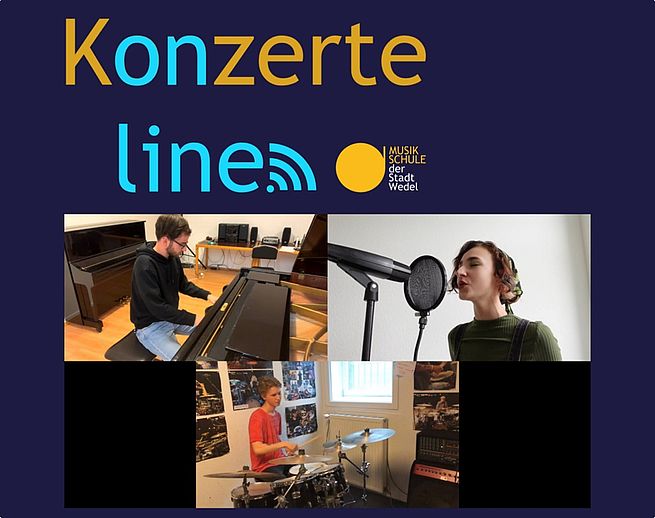 Riekje (Gesang), Thore (Keyboard) und Lennard (Schlagzeug) präsentieren den vierten Teil der Video-Reihe „Konzerte Online“ der Musikschule Wedel. Bildschirmfoto: Stadt Wedel