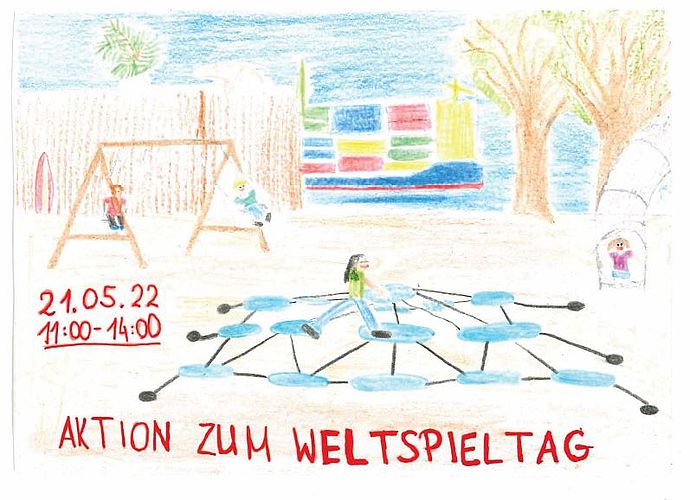 Auf der Rückseite dieser Postkarte können Kinder im Grundschulalter am Sonnabend, 21. Mai, von 11 bis 14 Uhr Stempel auf fünf Spielplätzen sammeln. Motiv: Stadt Wedel/Kinderparlament