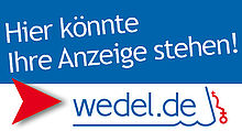 blau-weißes Banner mit Eigenwerbung, auf wedel.de Anzeigen zu schalten
