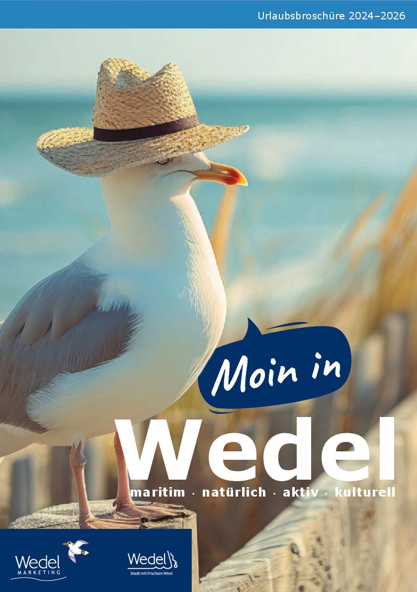 Titelbild Urlaubsbroschüre Moin in Wedel, Möwe mit Sonnenhut an Promenade